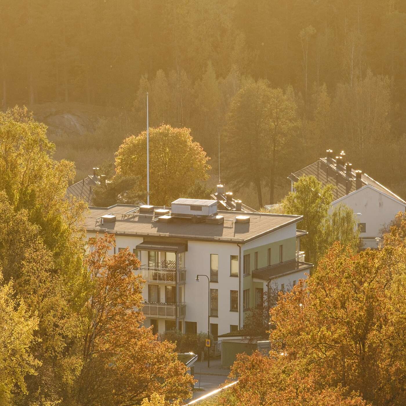 Flerbostadshus bland träd I höstskrud